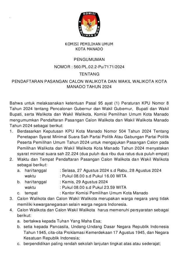 KPU Umumkan Pendaftaran Paslon Wali Kota & Wakil Wali Kota Manado 2024, Ini Syarat Minimal Suara Sah