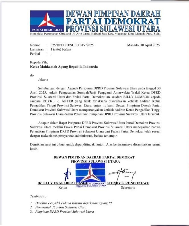 Buntut Ketidakhadiran KPT, Demokrat Sulut Resmi Mengirimkan Surat Ke Mahkamah Agung dan Jampidsus